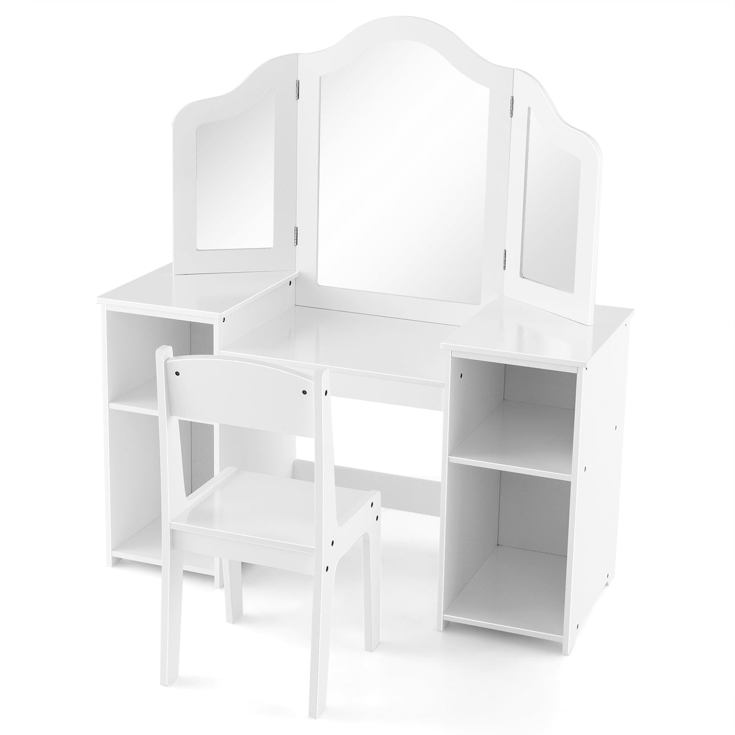 Kids Vanity Table and Chair Set with Removable Tri-Folding Mirror - White