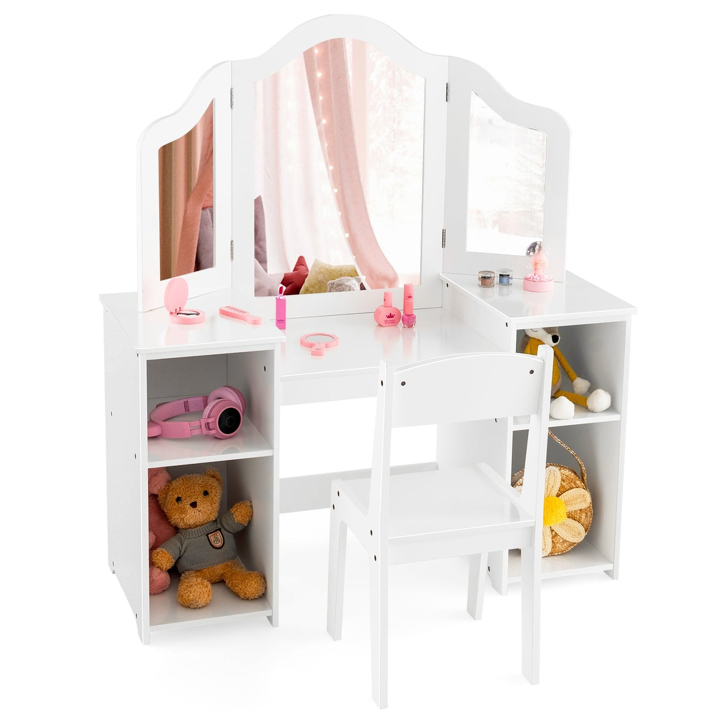 Kids Vanity Table and Chair Set with Removable Tri-Folding Mirror - White