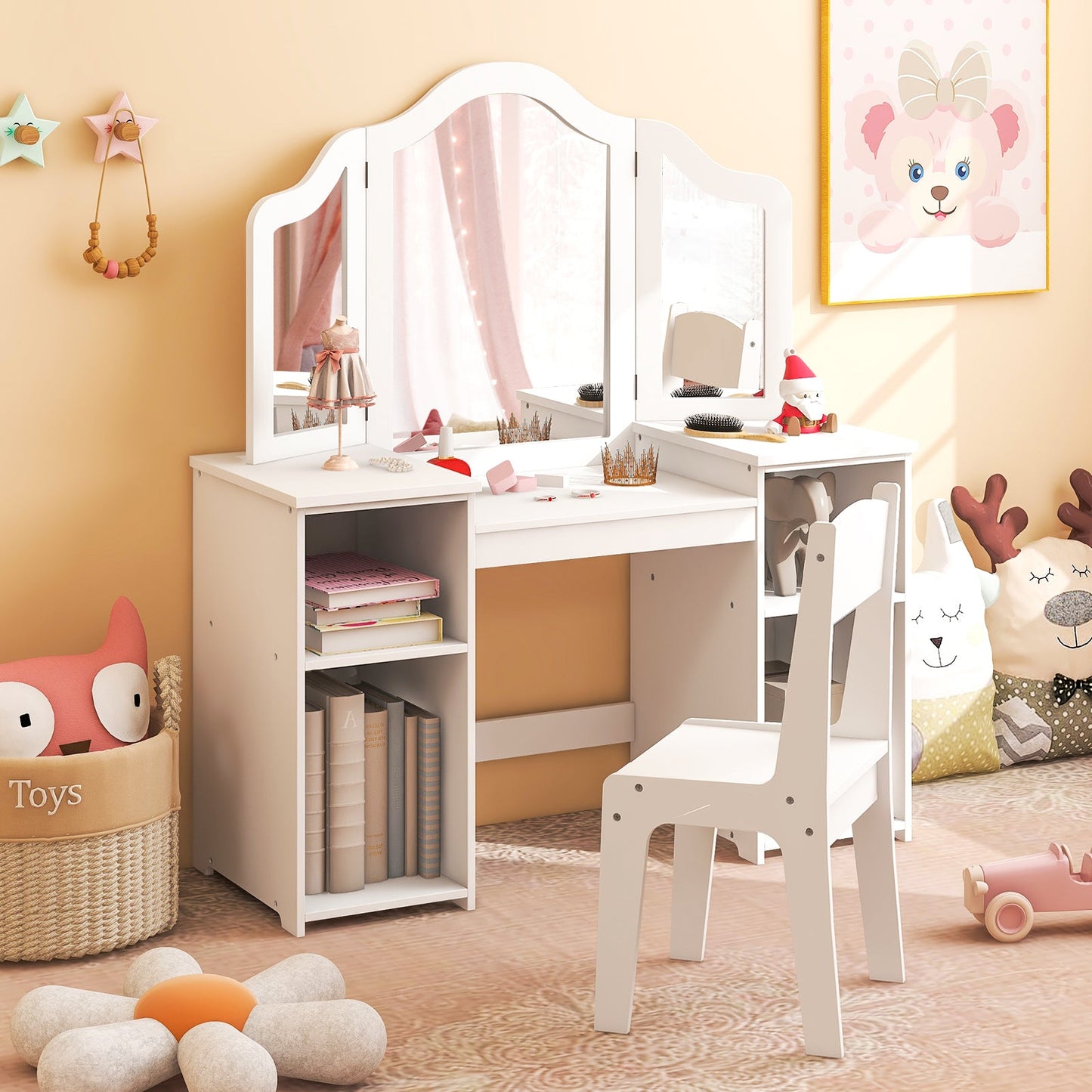 Kids Vanity Table and Chair Set with Removable Tri-Folding Mirror - White