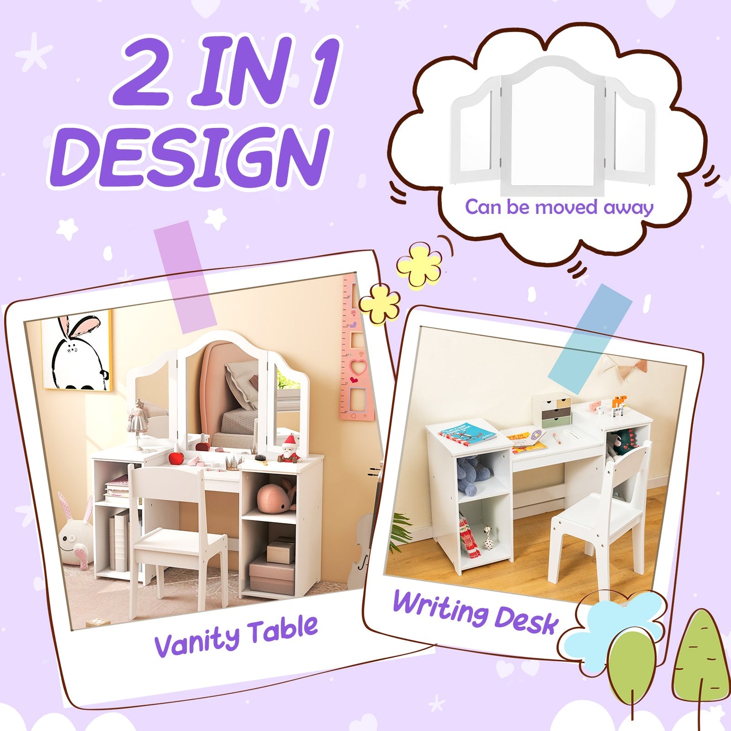 Kids Vanity Table and Chair Set with Removable Tri-Folding Mirror - White