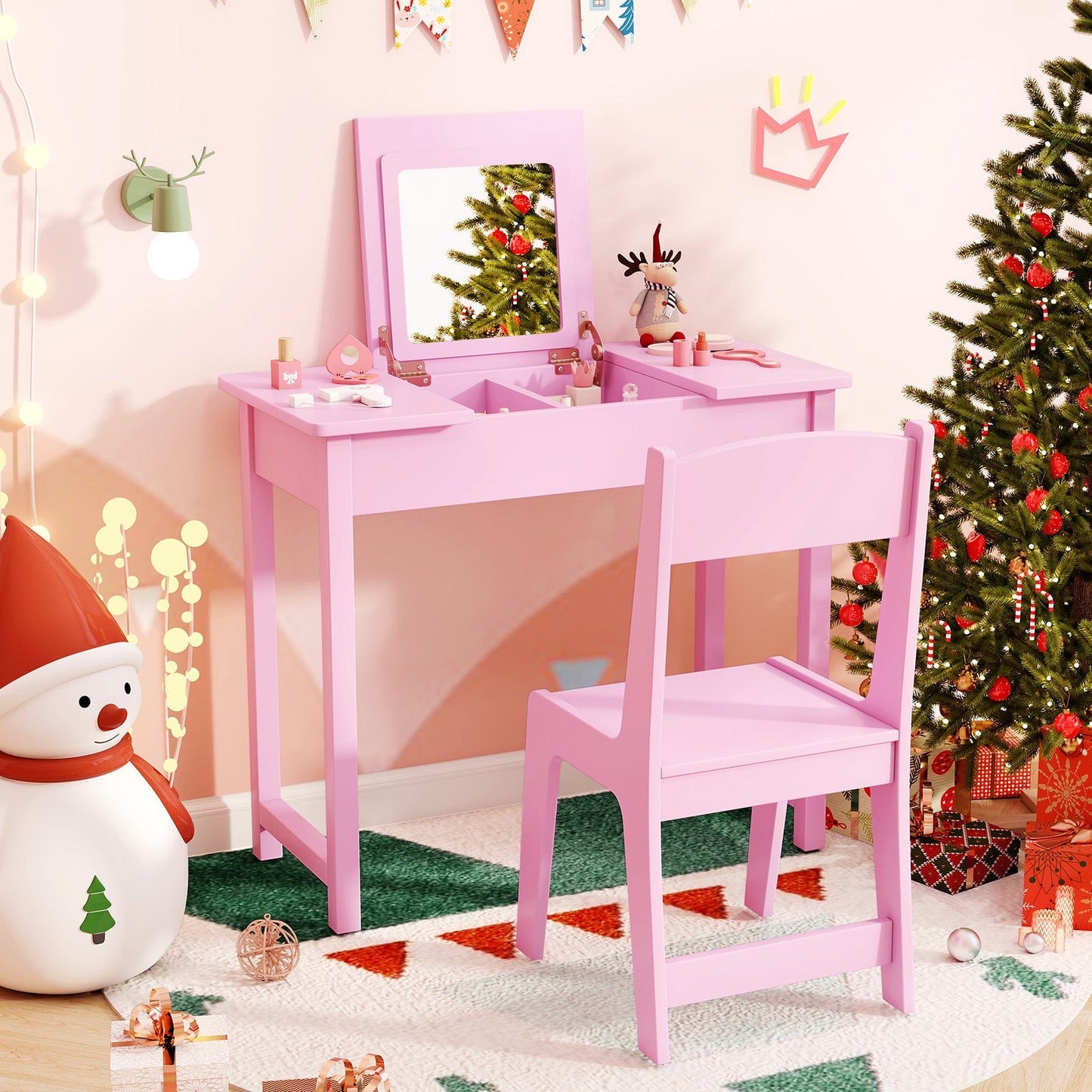 Table de maquillage pour enfants 2-en-1 avec chaise - Rose