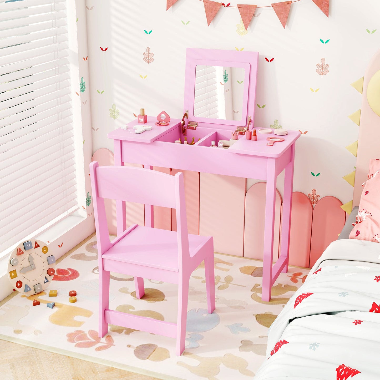 Table de maquillage pour enfants 2-en-1 avec chaise - Rose