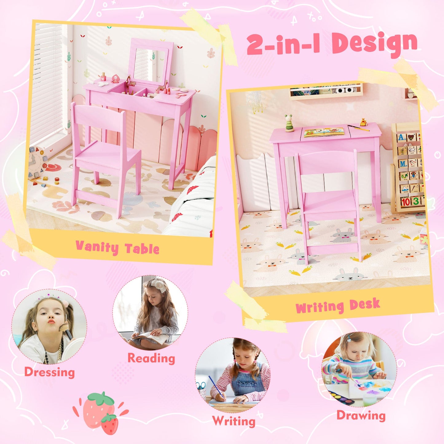 Table de maquillage pour enfants 2-en-1 avec chaise - Rose