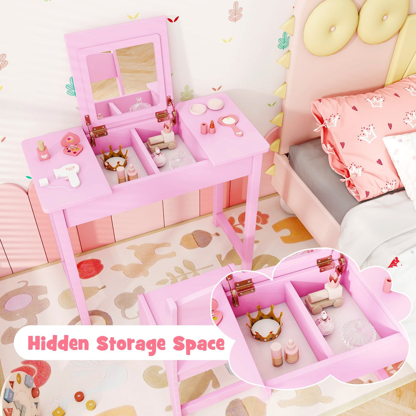 Table de maquillage pour enfants 2-en-1 avec chaise - Rose