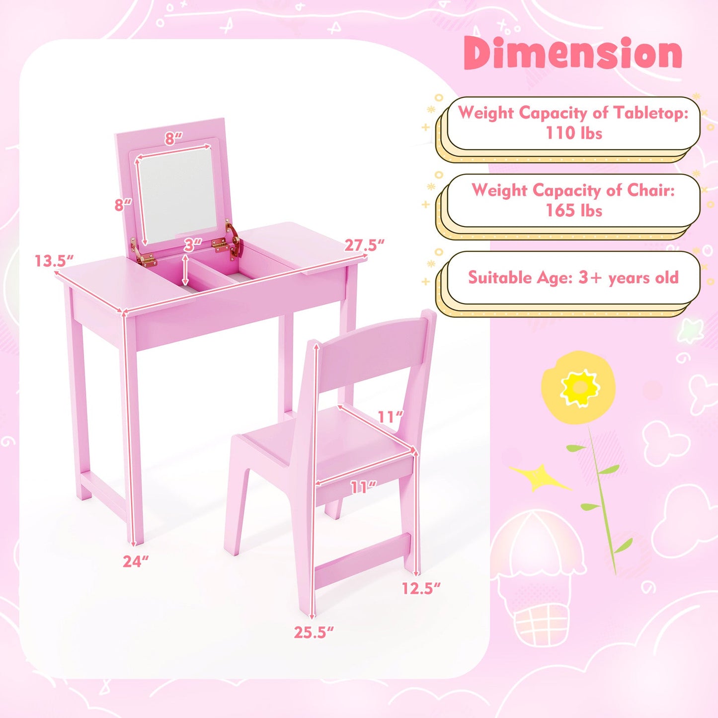 Table de maquillage pour enfants 2-en-1 avec chaise - Rose