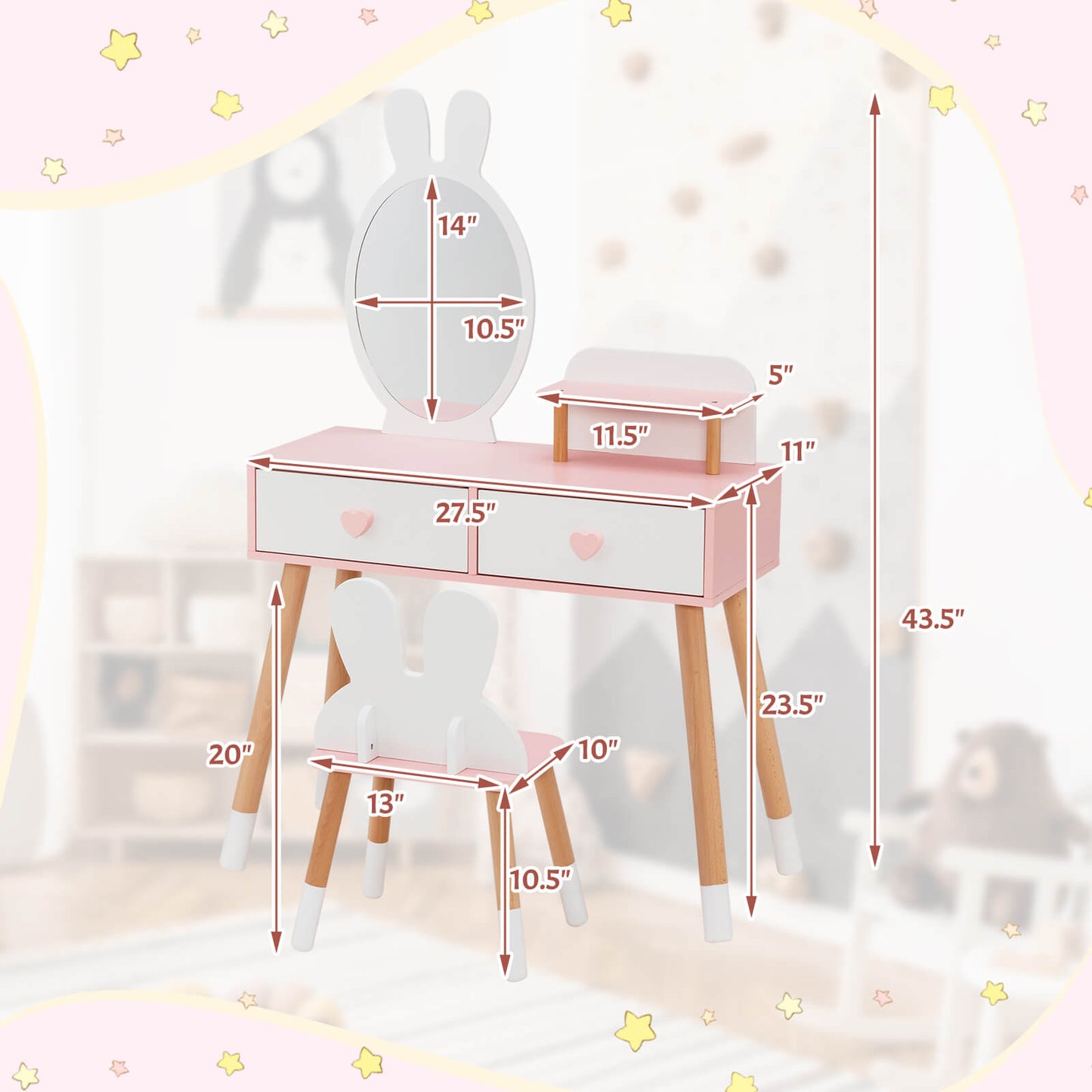 2 in 1 Wooden Princess Kids Vanity Set with Mirror - White
