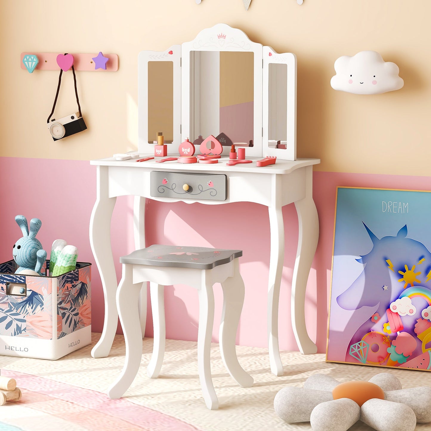Ensemble de coiffeuse pour enfants avec miroir pliant en trois parties - Blanc