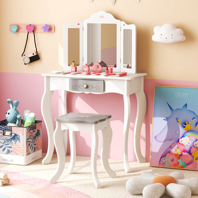 Kids Vanity Set with Tri-folding Mirror - White