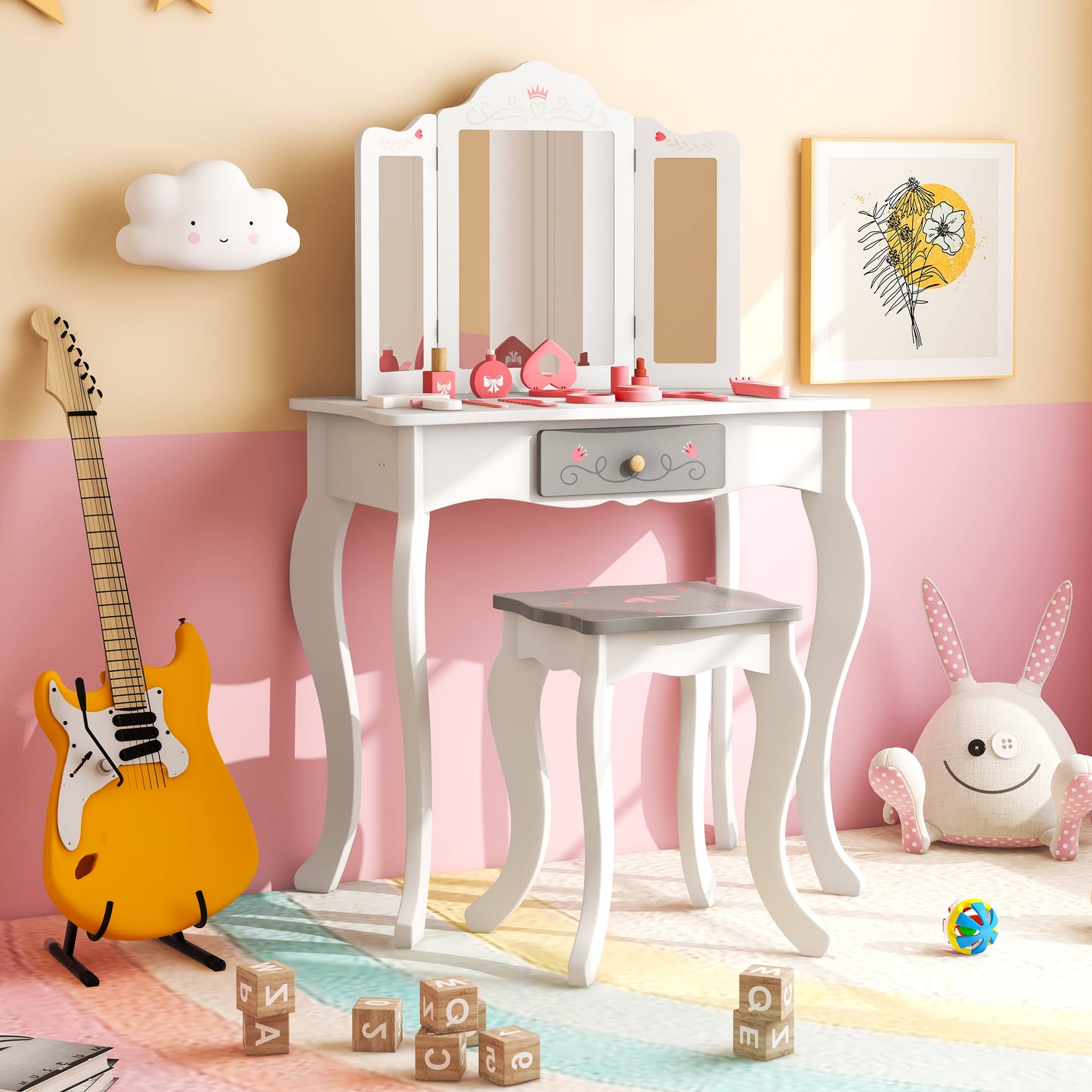 Ensemble de coiffeuse pour enfants avec miroir pliant en trois parties - Blanc