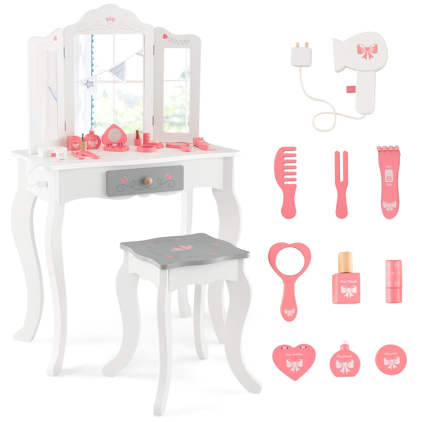 Ensemble de coiffeuse pour enfants avec miroir pliant en trois parties - Blanc