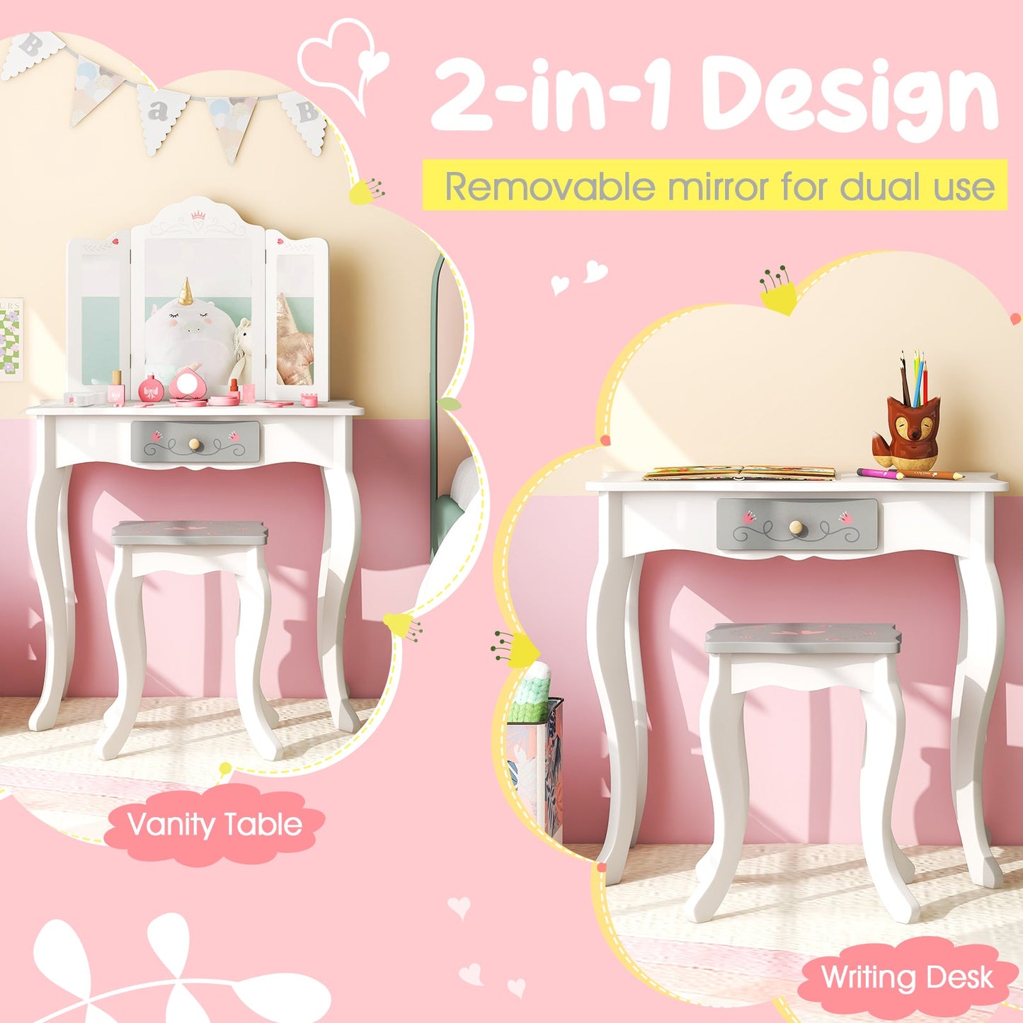 Ensemble de coiffeuse pour enfants avec miroir pliant en trois parties - Blanc