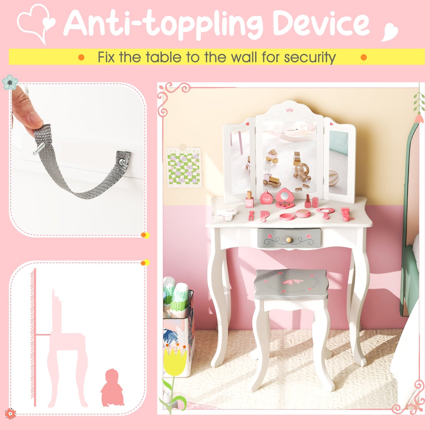 Ensemble de coiffeuse pour enfants avec miroir pliant en trois parties - Blanc