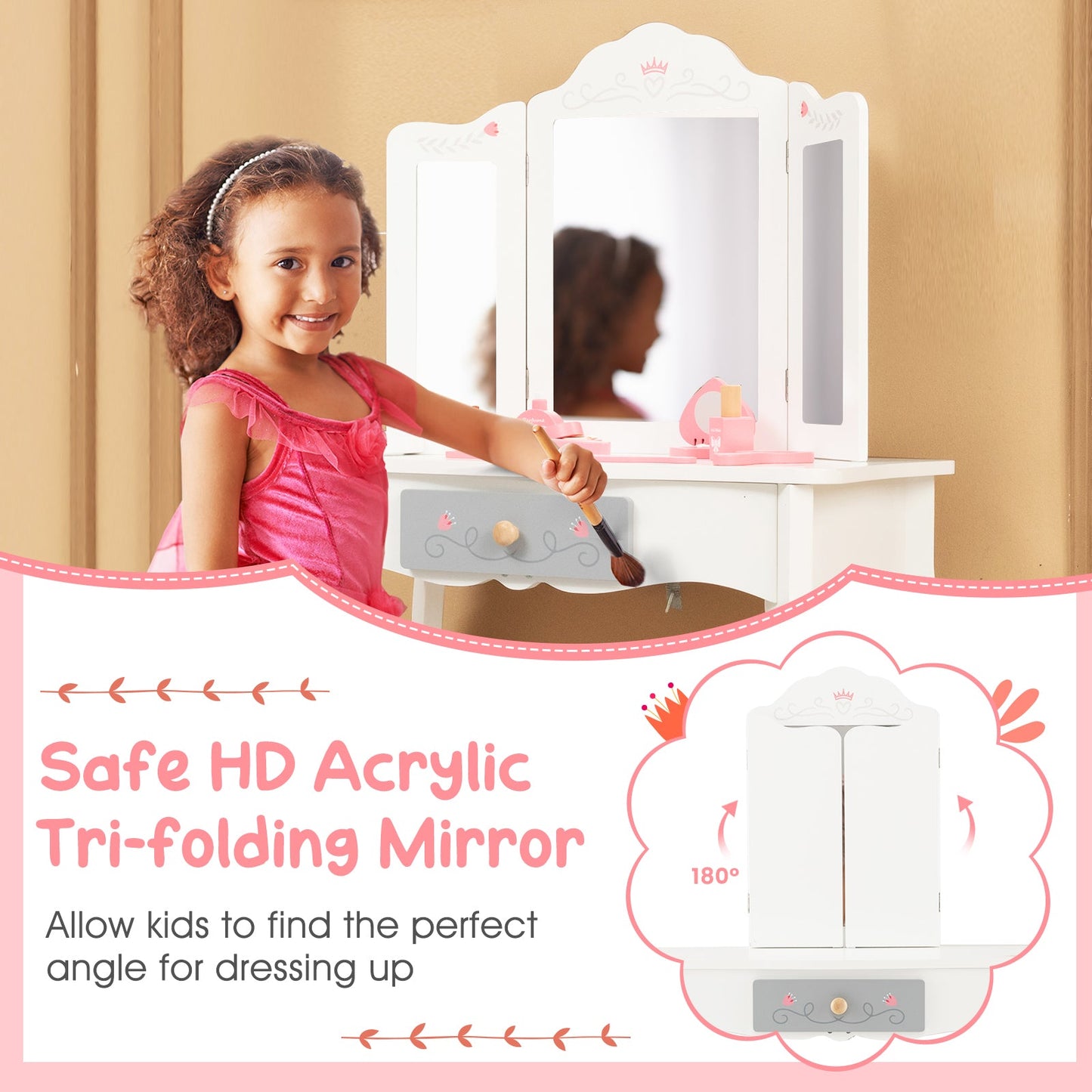 Ensemble de coiffeuse pour enfants avec miroir pliant en trois parties - Blanc