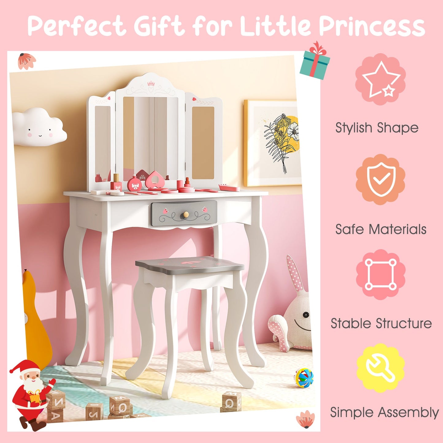 Ensemble de coiffeuse pour enfants avec miroir pliant en trois parties - Blanc