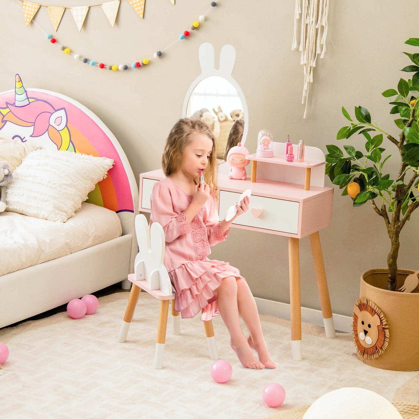 2 in 1 Wooden Princess Kids Vanity Set with Mirror - White