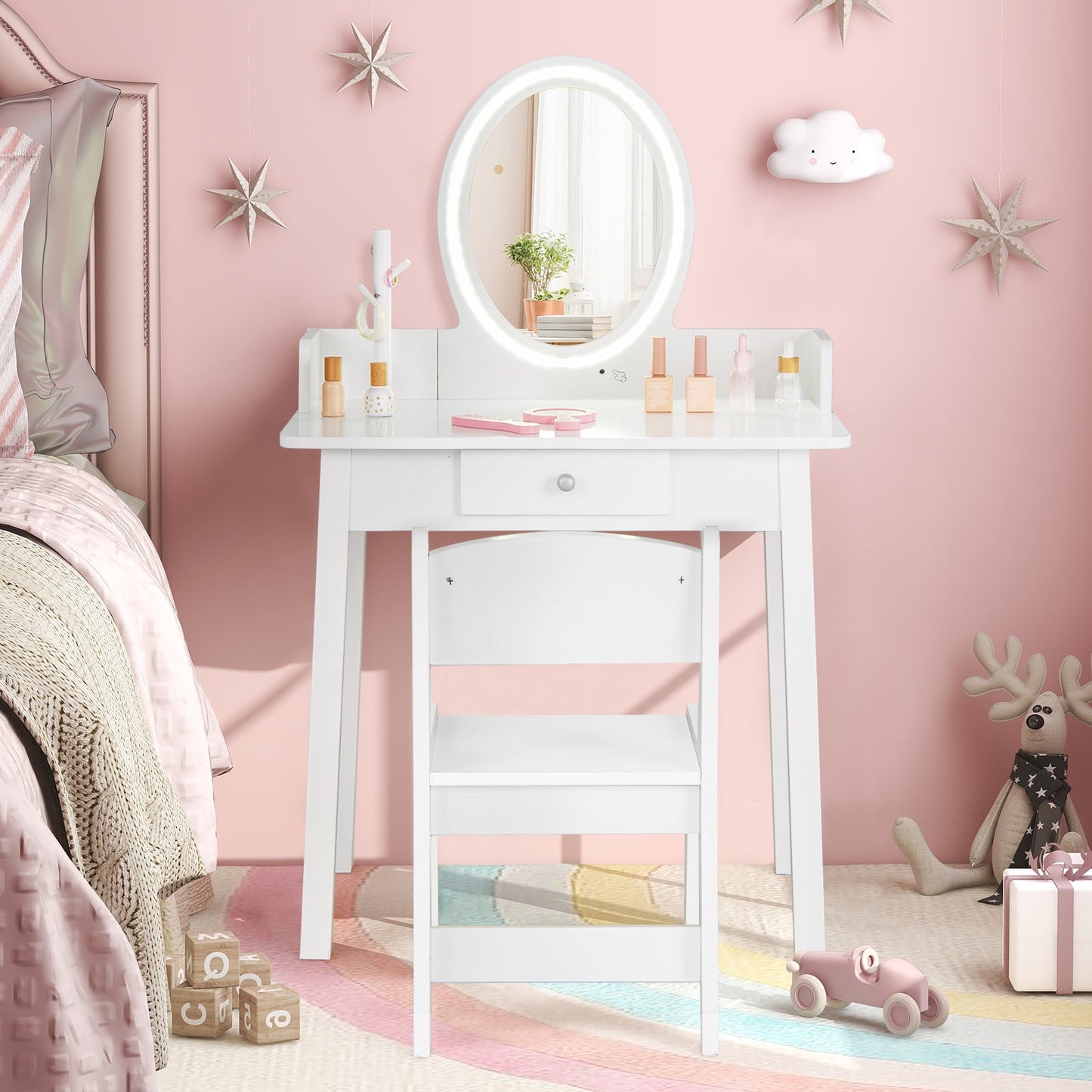 Conjunto de Tocador para Niños con Espejo Iluminado - Blanco