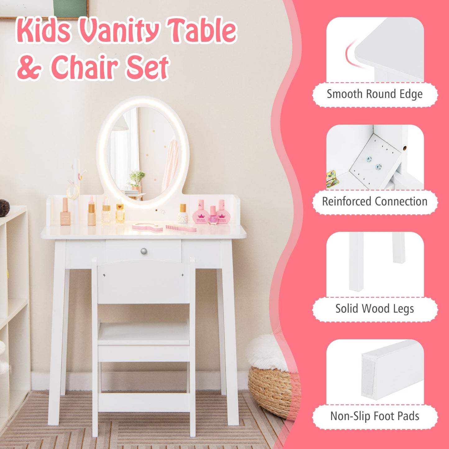 Conjunto de Tocador para Niños con Espejo Iluminado - Blanco