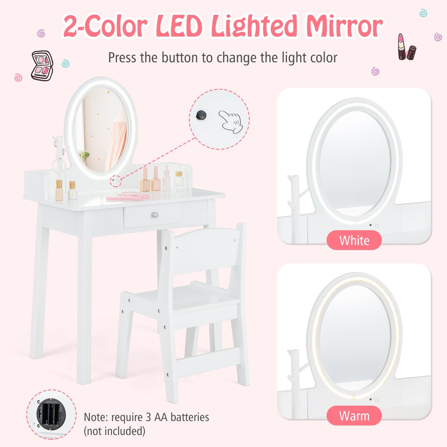 Conjunto de Tocador para Niños con Espejo Iluminado - Blanco
