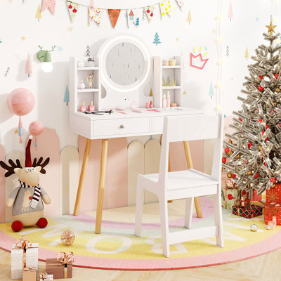 Kids Vanity Set with Lighted Mirror and Storage Drawers - White
