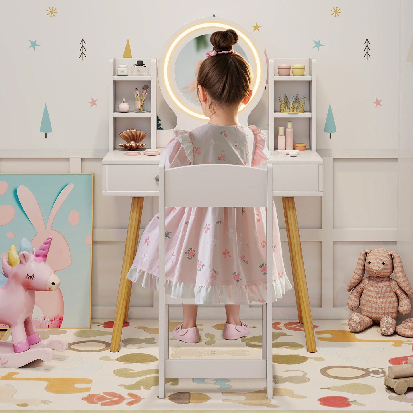 Conjunto de Tocador para Niños con Espejo Iluminado y Cajones de Almacenamiento - Blanco