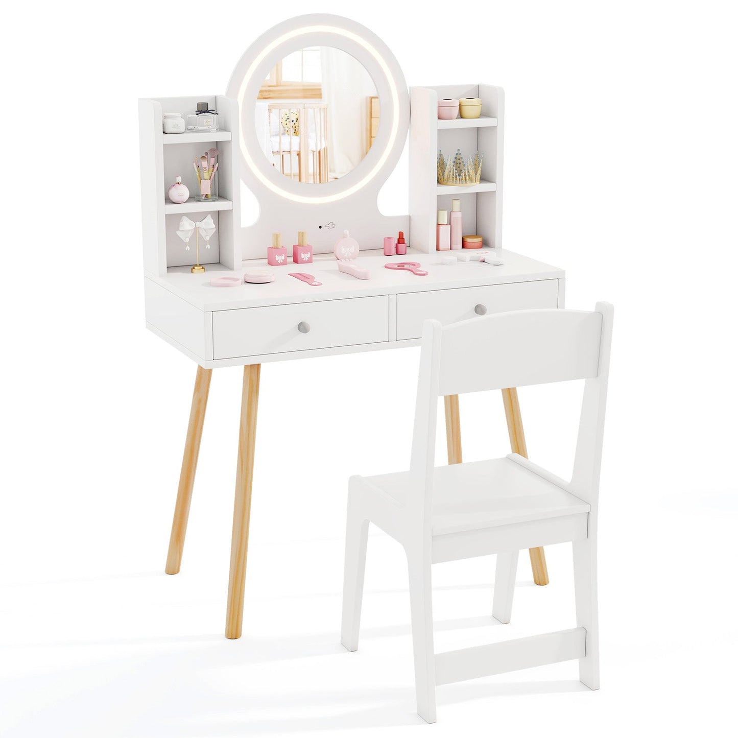 Conjunto de Tocador para Niños con Espejo Iluminado y Cajones de Almacenamiento - Blanco