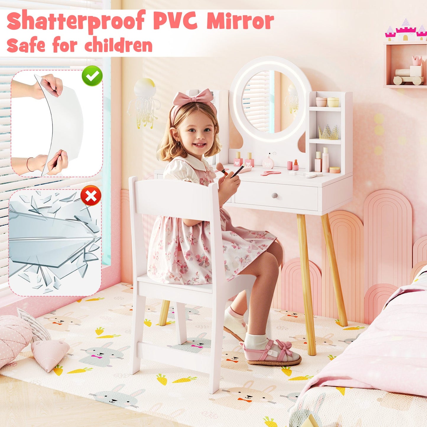 Conjunto de Tocador para Niños con Espejo Iluminado y Cajones de Almacenamiento - Blanco