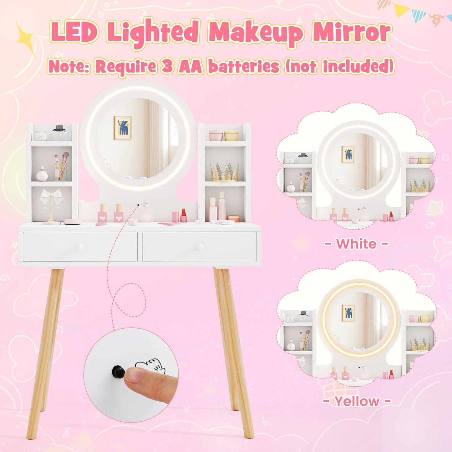 Conjunto de Tocador para Niños con Espejo Iluminado y Cajones de Almacenamiento - Blanco