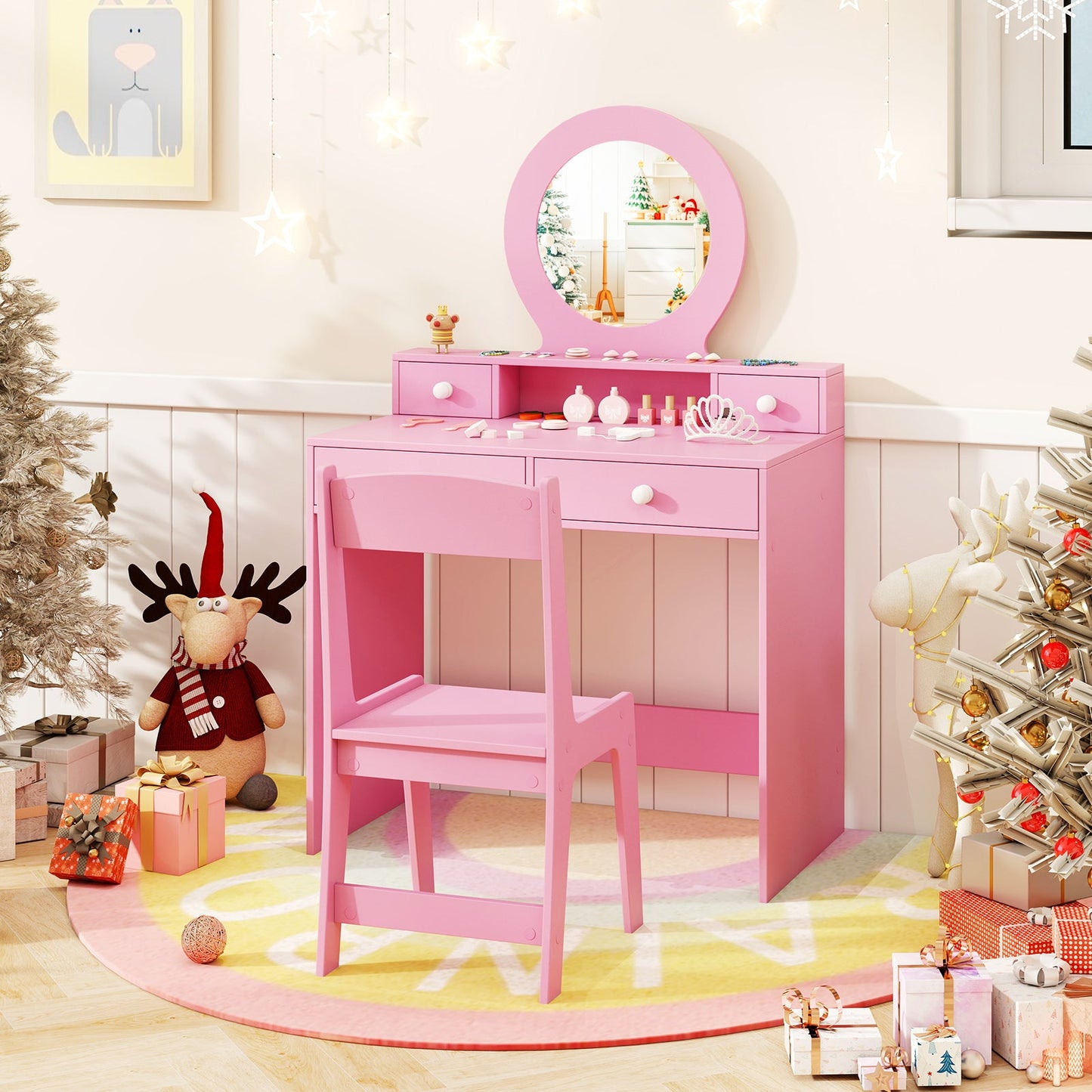 Conjunto de Tocador para Niños con Espejo - Escritorio y Silla de Maquillaje Princesa - Rosa