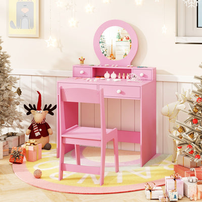 Kids Vanity Set with Mirror - Princess Makeup Dressing Desk & Chair - Pink