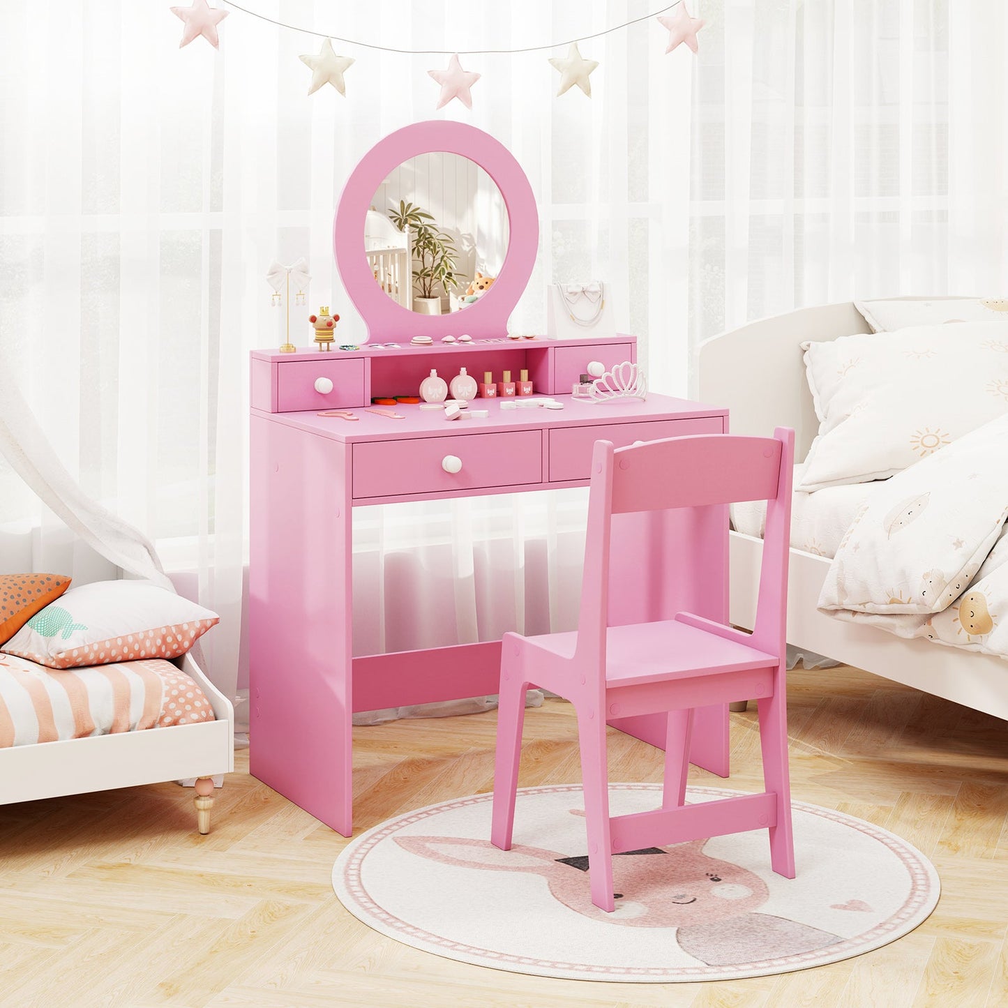 Conjunto de Tocador para Niños con Espejo - Escritorio y Silla de Maquillaje Princesa - Rosa