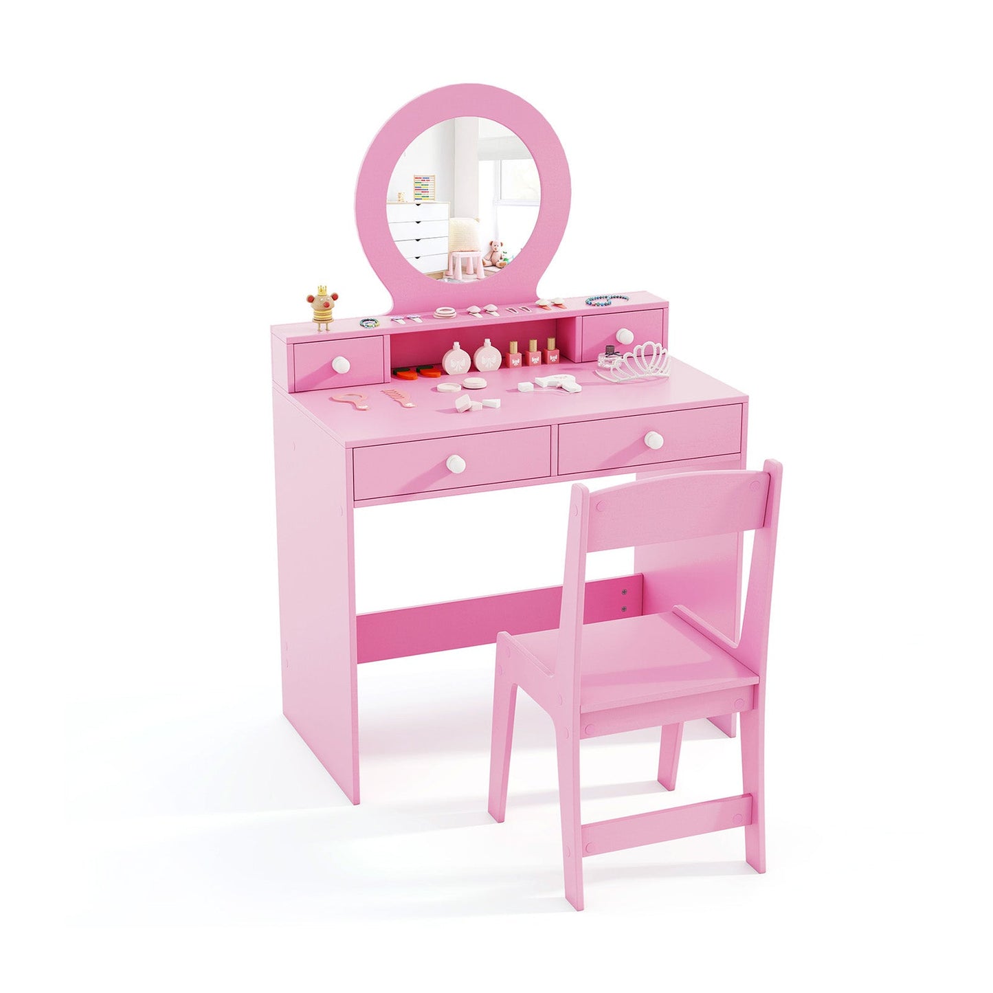 Conjunto de Tocador para Niños con Espejo - Escritorio y Silla de Maquillaje Princesa - Rosa
