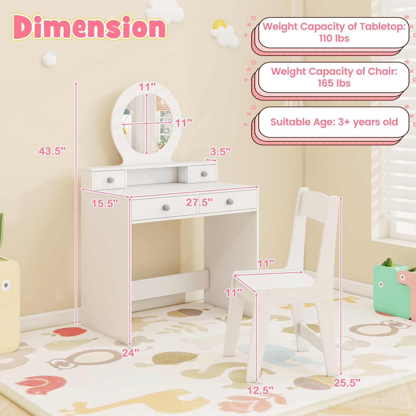 Ensemble de coiffeuse pour enfants avec miroir - Princesse blanche