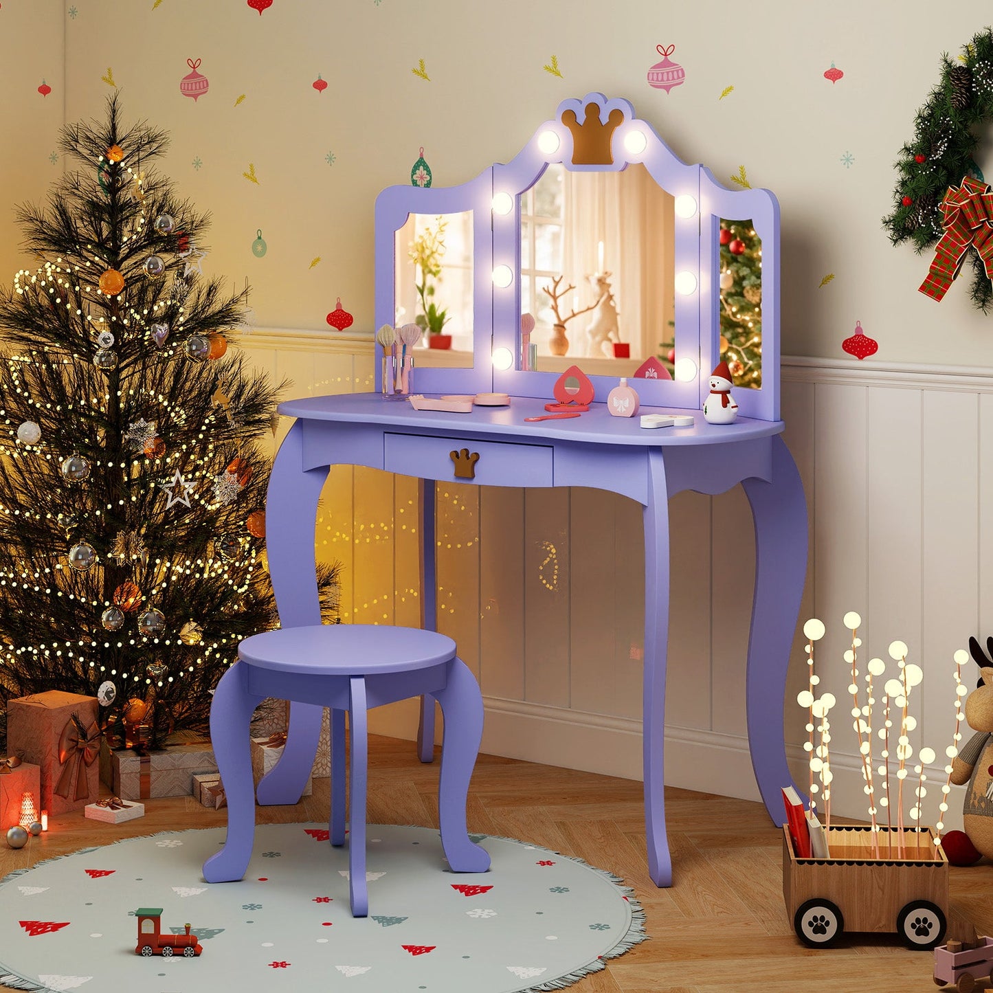 Ensemble de coiffeuse pour enfants avec miroir éclairé à trois volets - Violet