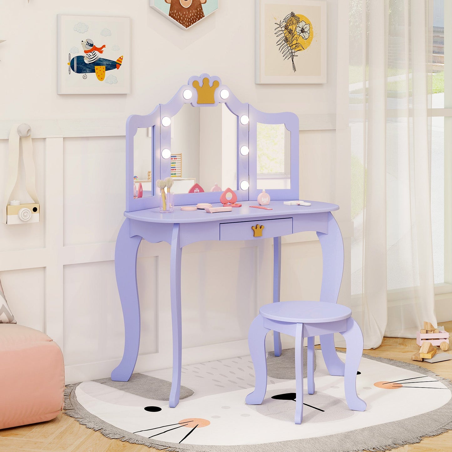 Ensemble de coiffeuse pour enfants avec miroir éclairé à trois volets - Violet