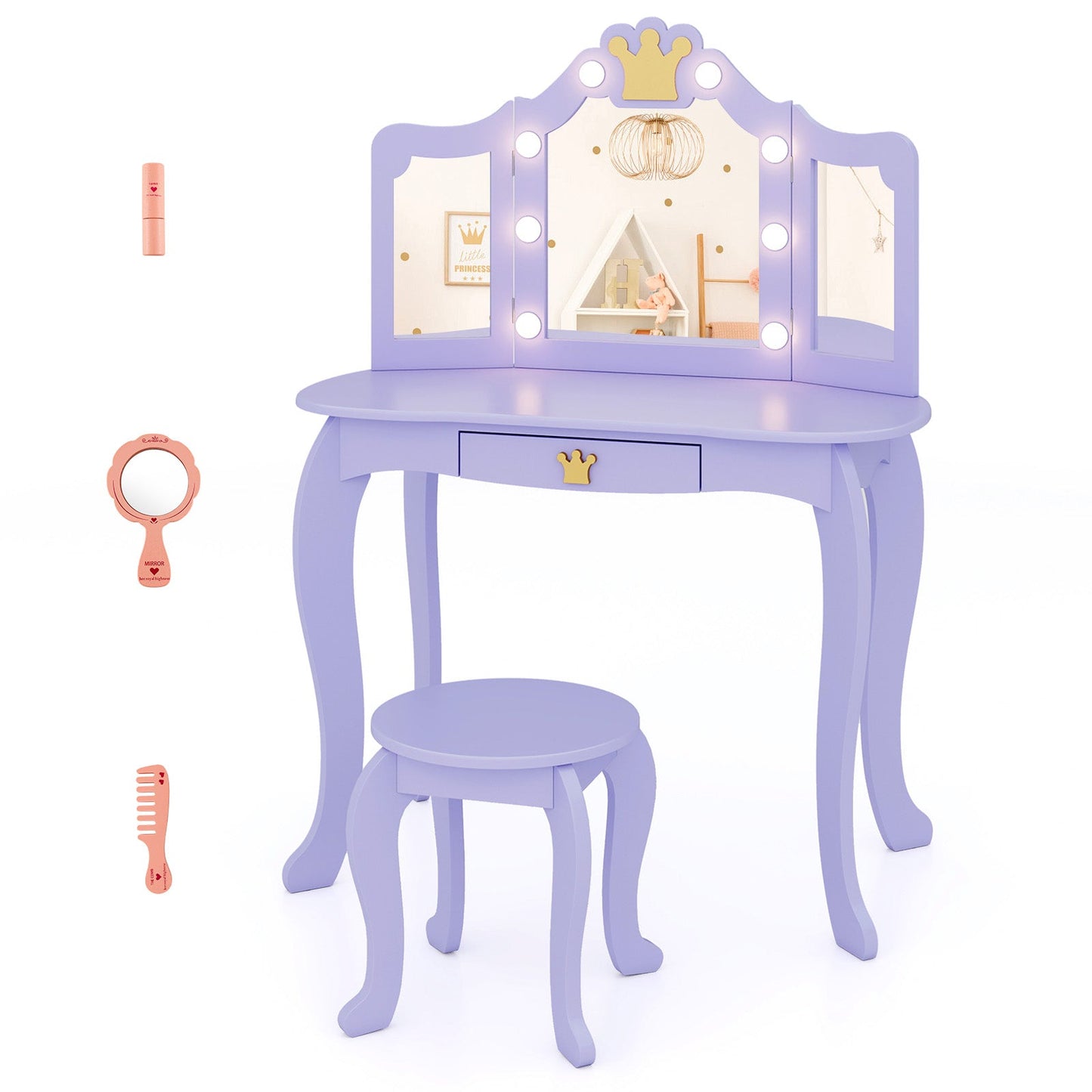 Ensemble de coiffeuse pour enfants avec miroir éclairé à trois volets - Violet