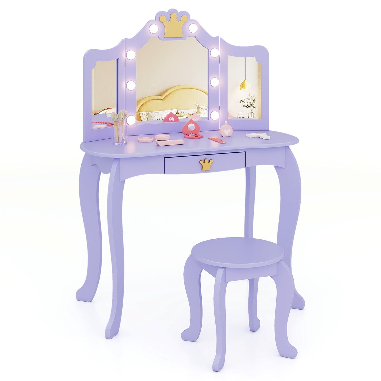 Ensemble de coiffeuse pour enfants avec miroir éclairé à trois volets - Violet