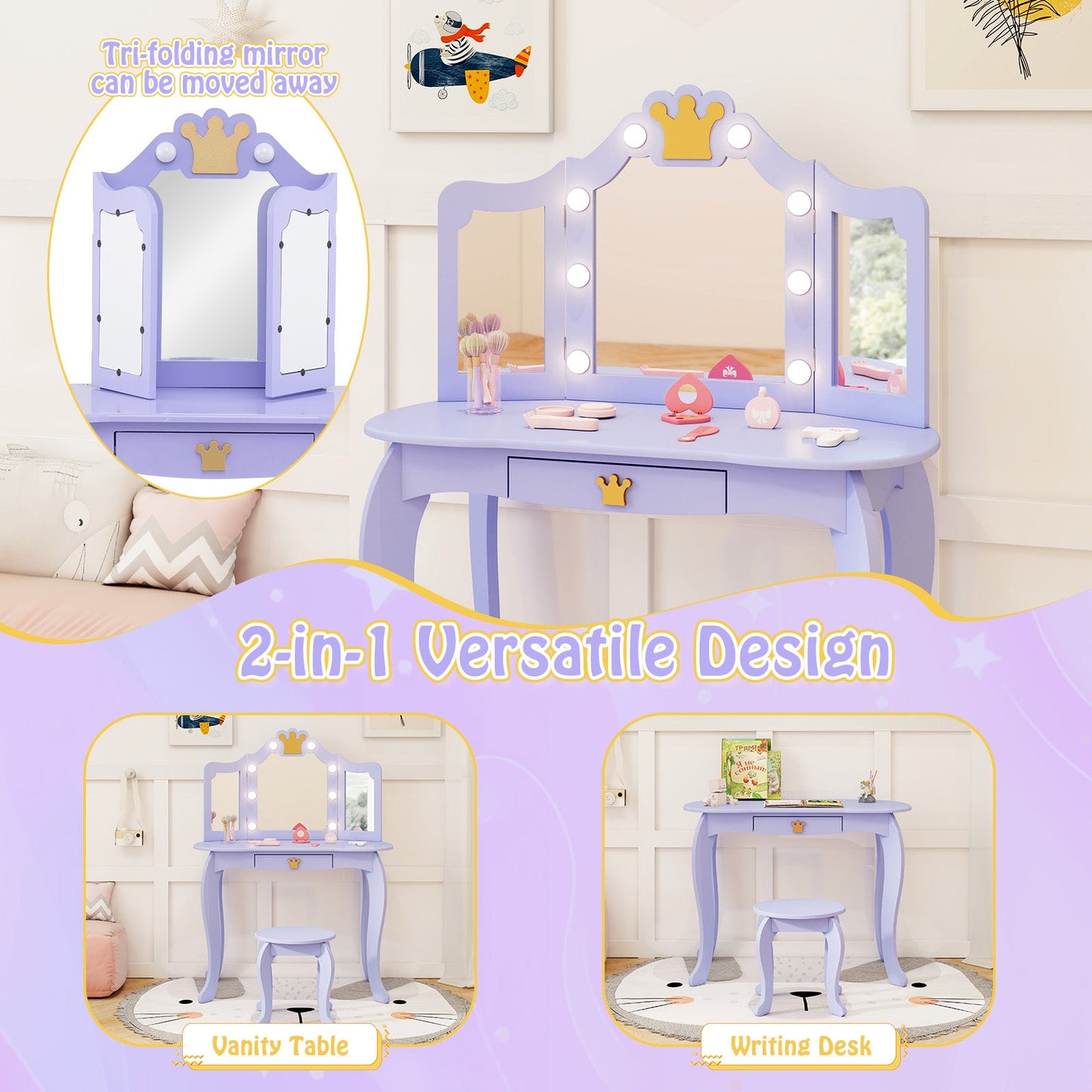 Ensemble de coiffeuse pour enfants avec miroir éclairé à trois volets - Violet