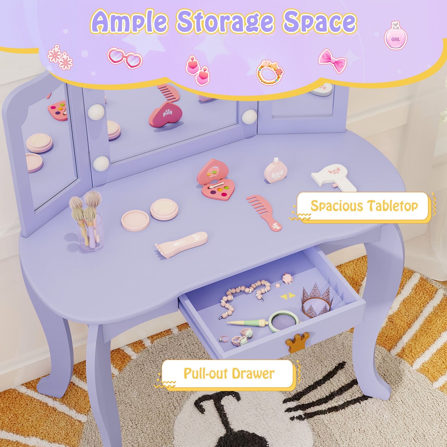Ensemble de coiffeuse pour enfants avec miroir éclairé à trois volets - Violet