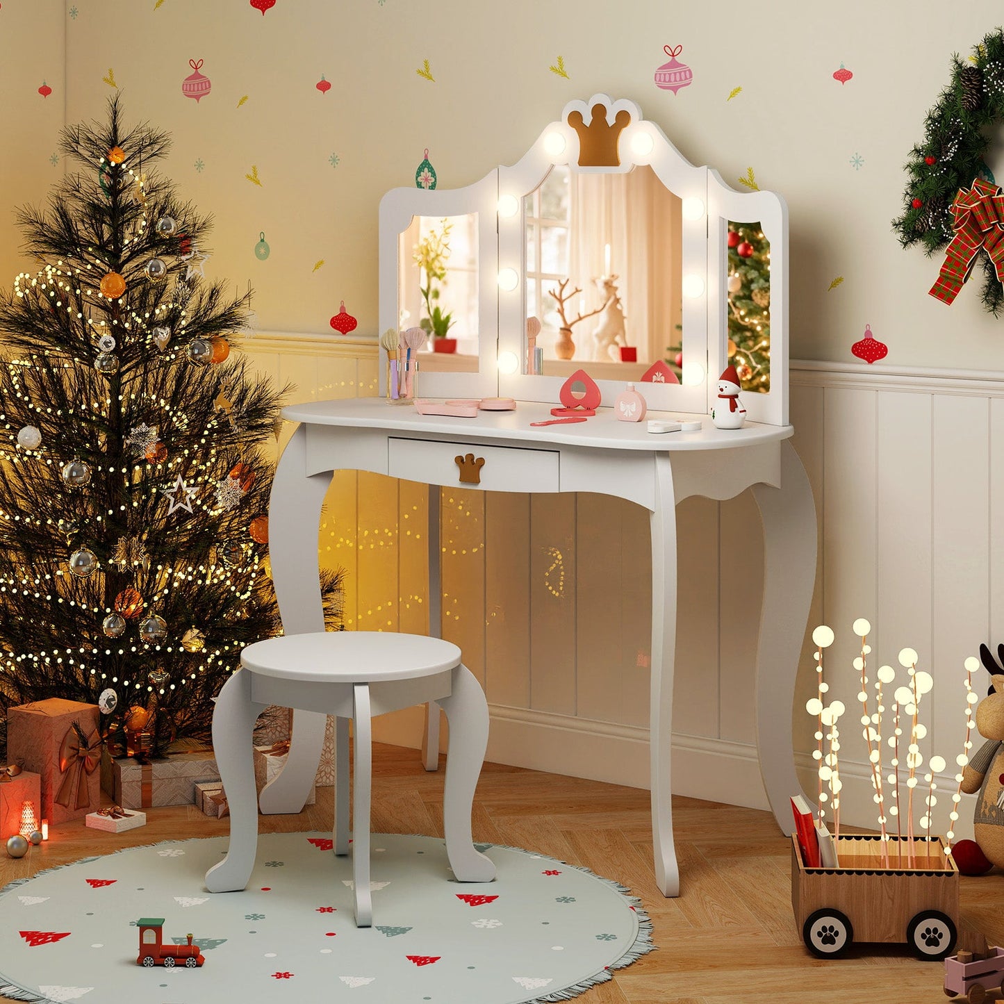 Conjunto de Tocador para Niños con Espejo Iluminado de Tres Plegados y Taburete - Blanco
