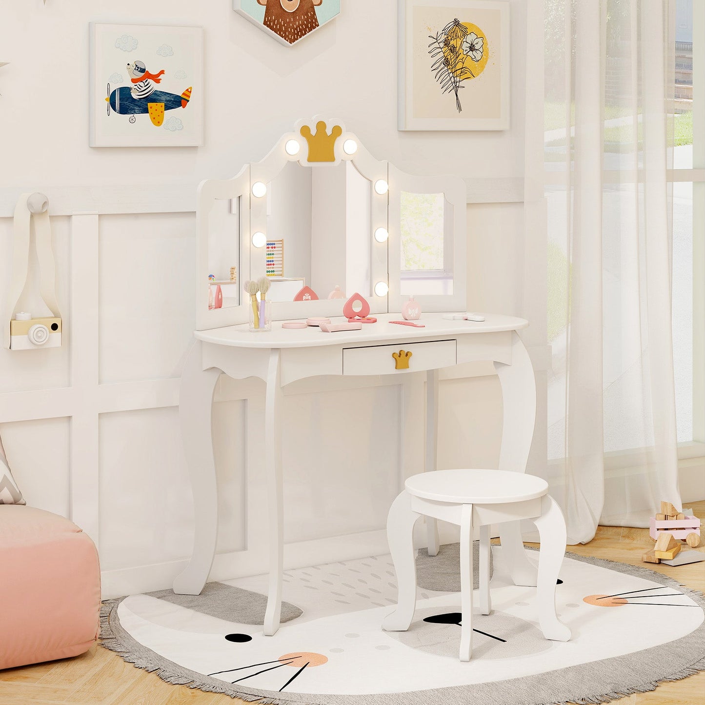 Conjunto de Tocador para Niños con Espejo Iluminado de Tres Plegados y Taburete - Blanco