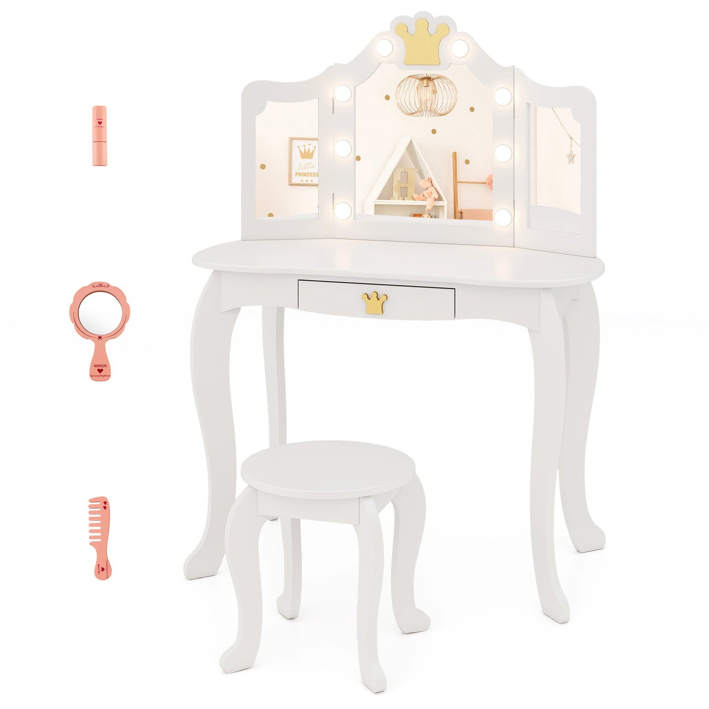 Conjunto de Tocador para Niños con Espejo Iluminado de Tres Plegados y Taburete - Blanco