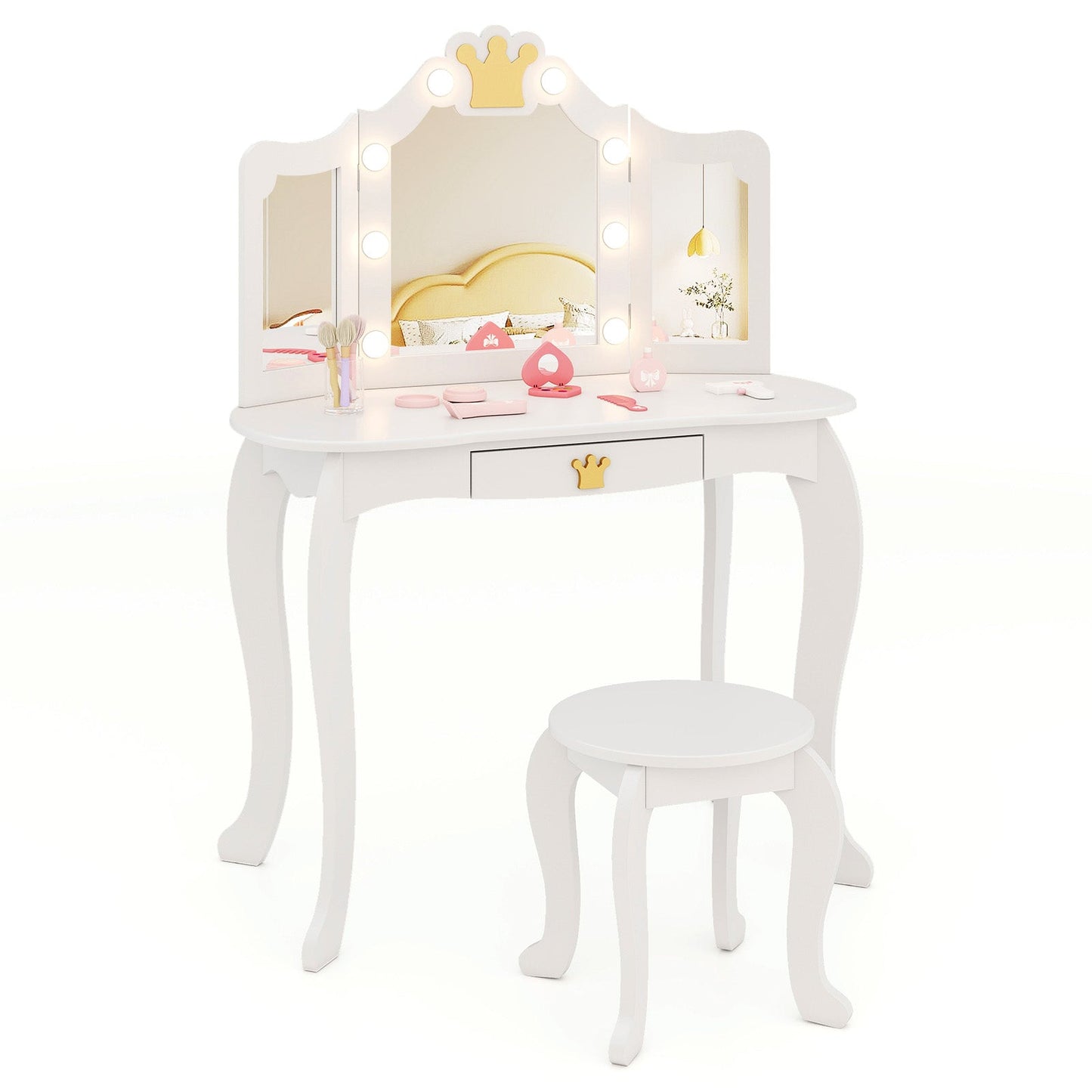 Conjunto de Tocador para Niños con Espejo Iluminado de Tres Plegados y Taburete - Blanco