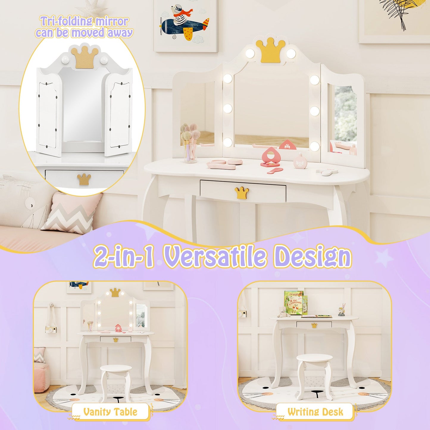 Conjunto de Tocador para Niños con Espejo Iluminado de Tres Plegados y Taburete - Blanco