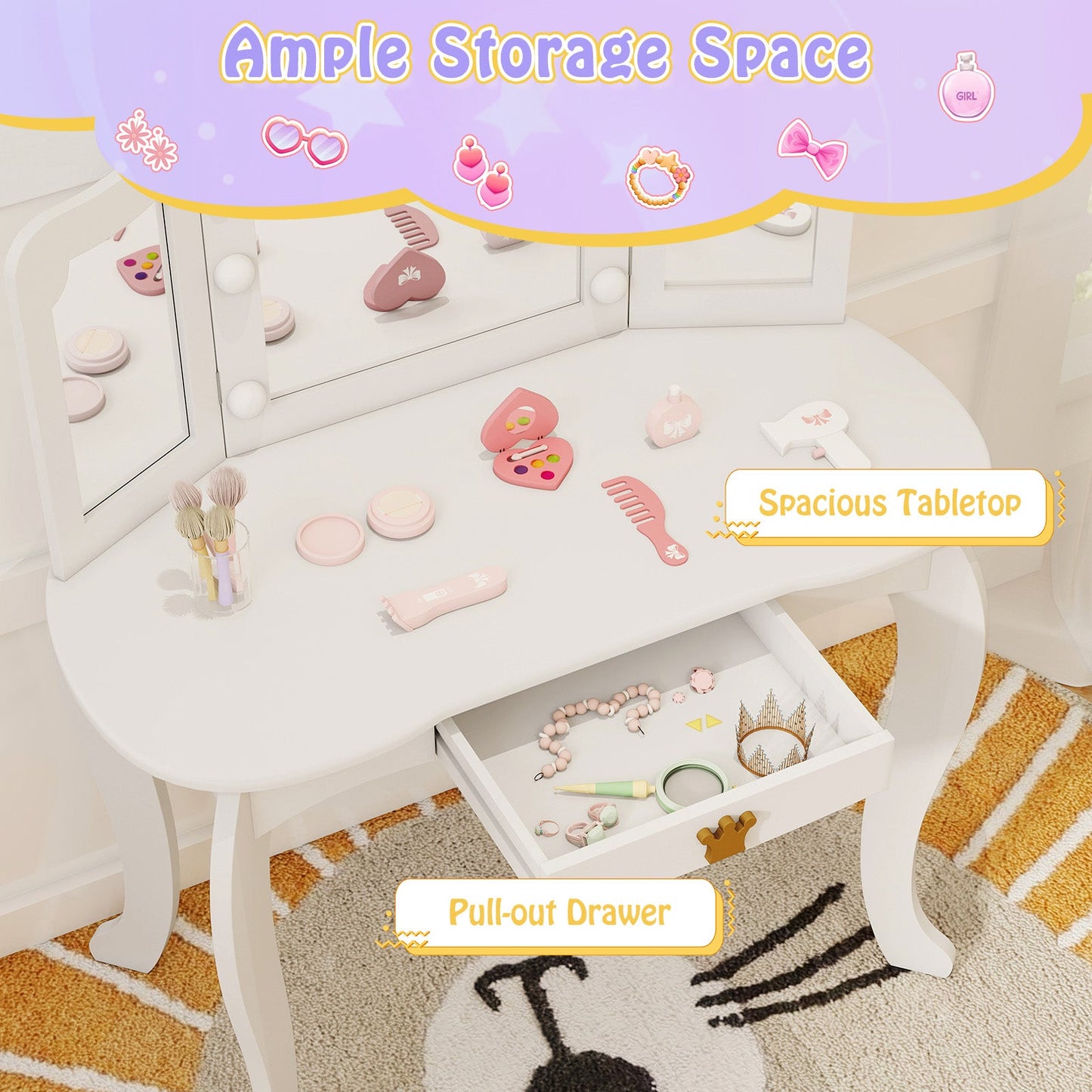 Conjunto de Tocador para Niños con Espejo Iluminado de Tres Plegados y Taburete - Blanco