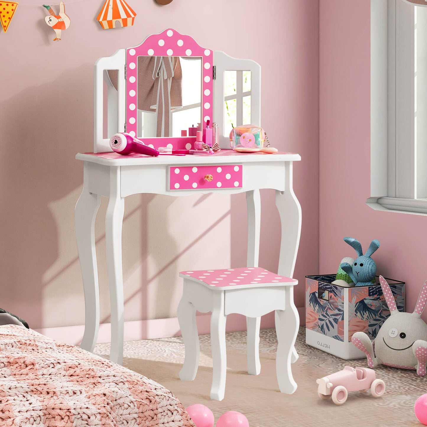Kids Pink Polka Dot Vanity Table and Stool Set
