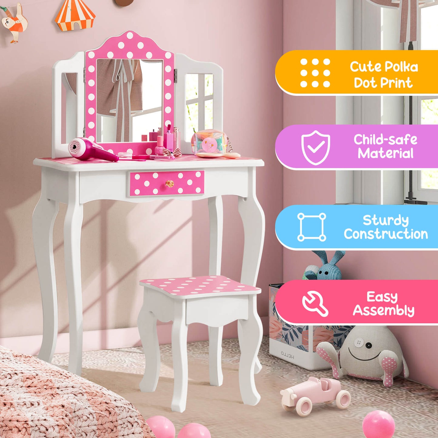 Kids Pink Polka Dot Vanity Table and Stool Set
