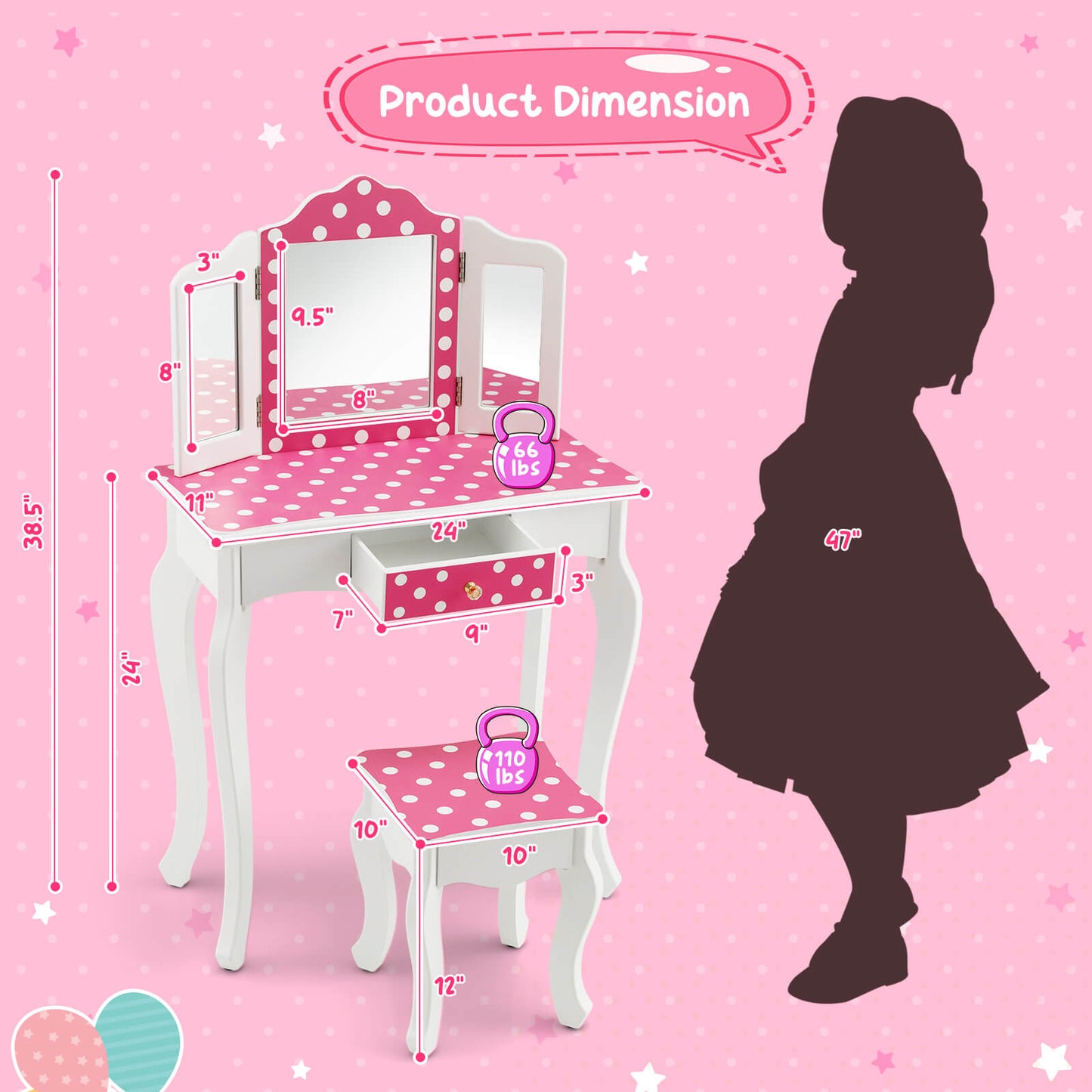 Kids Pink Polka Dot Vanity Table and Stool Set