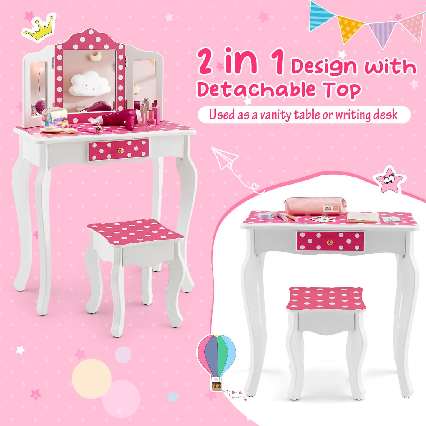 Kids Pink Polka Dot Vanity Table and Stool Set