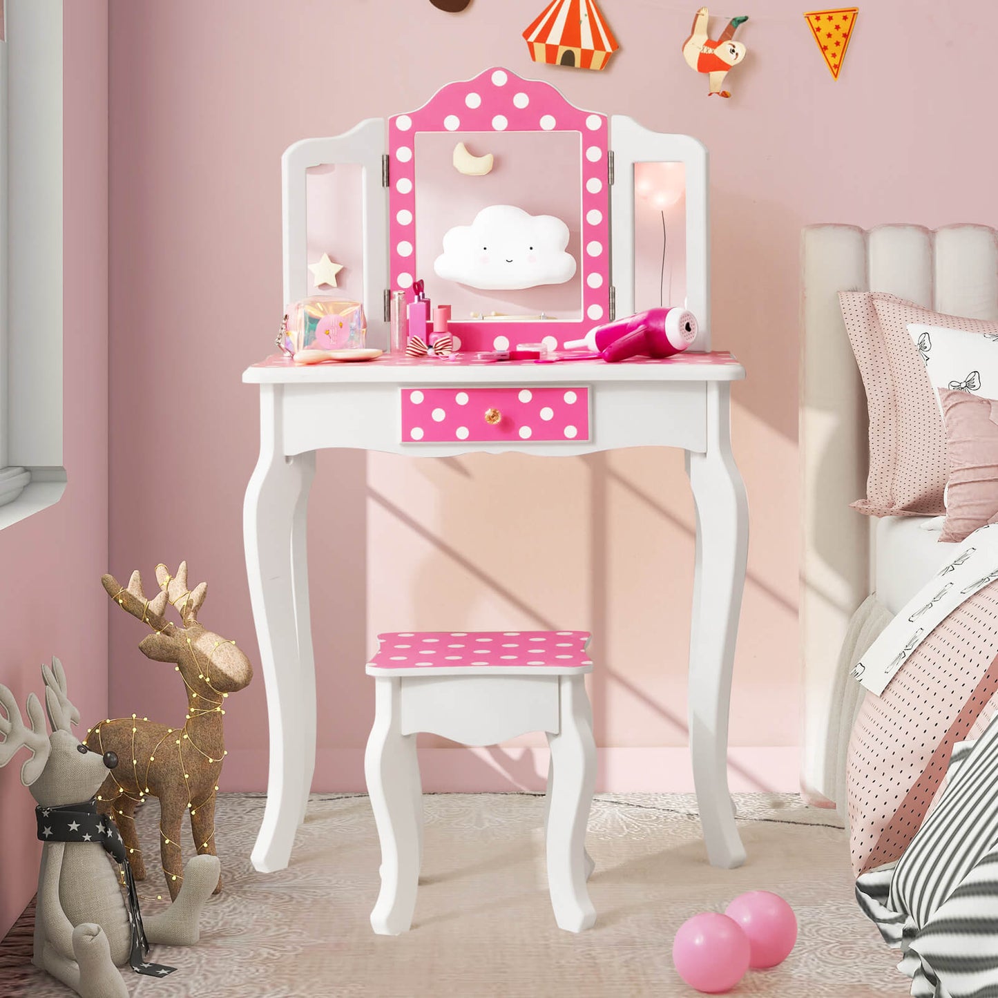 Kids Pink Polka Dot Vanity Table and Stool Set