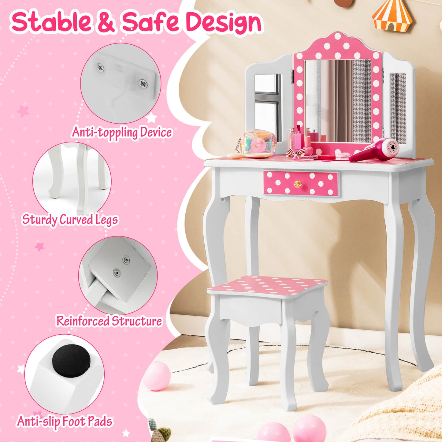 Kids Pink Polka Dot Vanity Table and Stool Set